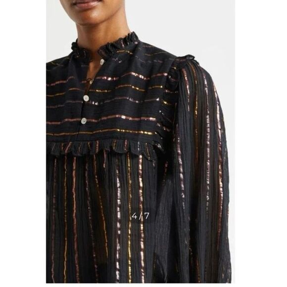 NWOT Farm Rio Metallic Stripe Ruffle Shirt in Black SZ S - Picture 3 of 9
